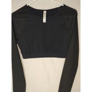Women's Long Mesh Sleeve Workout Cropped Black‎ Top Elastic Waist Sz M